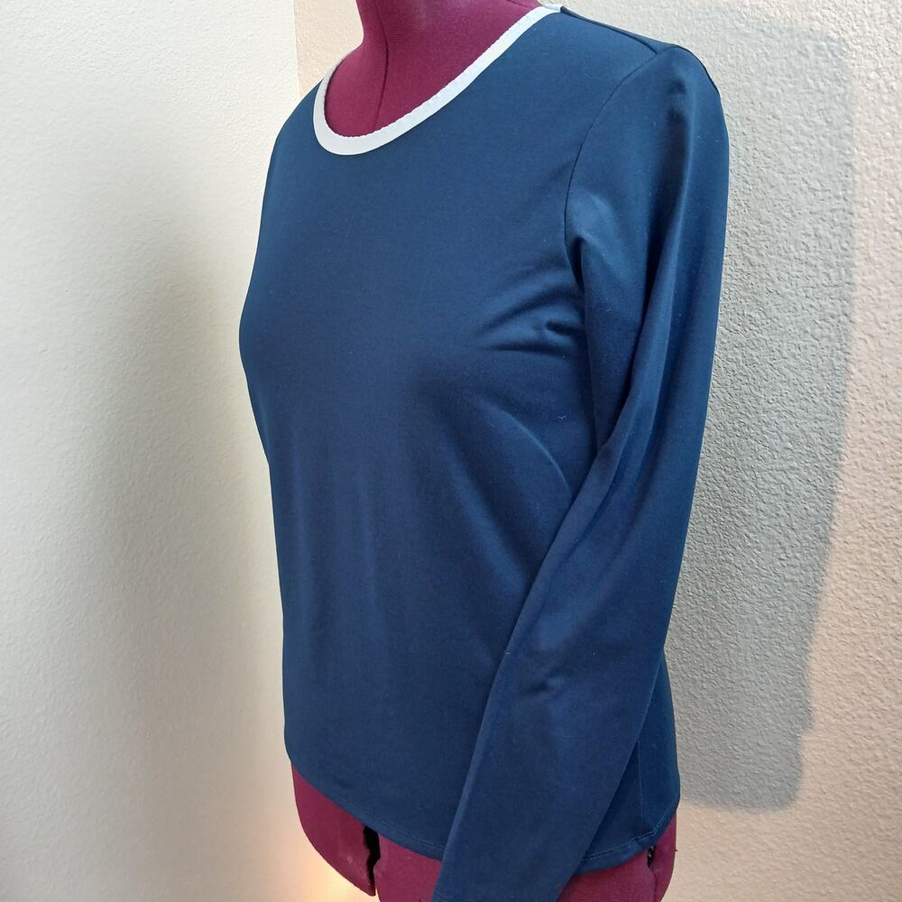 Lands End Navy Long Sleeve T-shirt M tee scalloped wide neck EUC